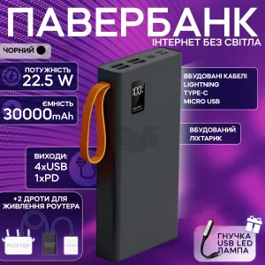 Повербанк для роутера POWER WAY QC30S 30000 mAh 22.5W комплект Power bank + 2 шт юсб шнура для вай фай роутера 9/12V  - Черный, картинка 1
