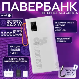 Повербанк для роутера POWER WAY QC30S 30000 mAh 22.5W комплект Power bank + 2 шт юсб шнура для вай фай роутера 9/12V  - Белый, картинка 1