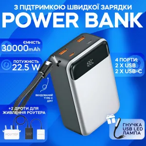 Повербанк KP KPG-316 30000 mAh 22.5W с быстрой зарядкой комплект питания Powerbank + 2 шт юсб шнура для вай фай роутера на 9/12V, картинка 1