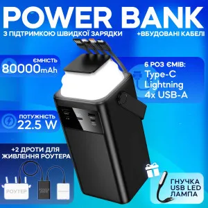 Повербанк PowerWay PD80 80000 mAh 22,5W с LED-лампой Powerbank + 2 шт юсб шнура для вай фай роутера на 5-9/12V, картинка 1