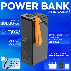 Повербанк для ноутбука Budi 30000 mAh PD 65W комплект питания Power bank + 2 шт юсб шнура для вай фай роутера на 5-9/12V, картинка 1