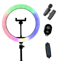 Набор блогера 4 в 1 кольцевая лампа 33 см RGB со штативом на 2,1 метр, микрофон петличка Lightning, Bluetooth-кнопка для селфи