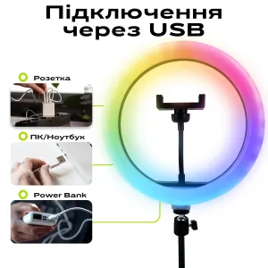 Набор блогера 5 в 1 кольцевая лампа 30 см RGB со штативом на 2,1 метр, микрофон петличка Type C, Bluetooth-кнопка для селфи, картинка 2