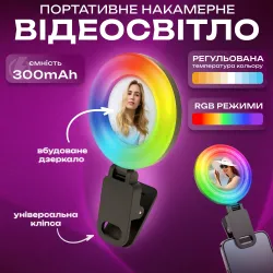 Селфи кольцо Plokama LED U20 Pro RGB с зеркалом с прищепкой на телефон, картинка 1