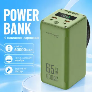 Повербанк Konfulon 60000 mAh PD 65W для ноутбука з 4 виходами та ліхтариком, картинка 1