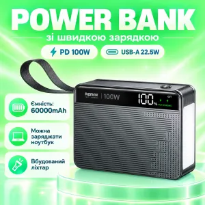 Потужний повербанк REMAX для ноутбука 60000 mAh Power Delivery 100W з 5 виходами та LED-ліхтарем, картинка 1