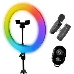 Набор блогера 4 в 1 кольцевая лампа RGB 36 см со штативом на 2,1 метр, микрофон петличка Lightning, Bluetooth-кнопка для селфи